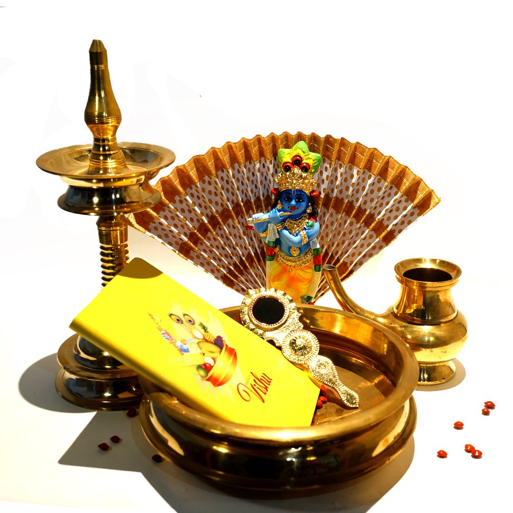 Vishu Kani Set with of Paper Mache Krishna Idol(30cm), Thiru Udayada, Uruli, Aranmula Kannadi, Nilavilaku-10 inches, Nirapara, Kindi and Manjadi kuru