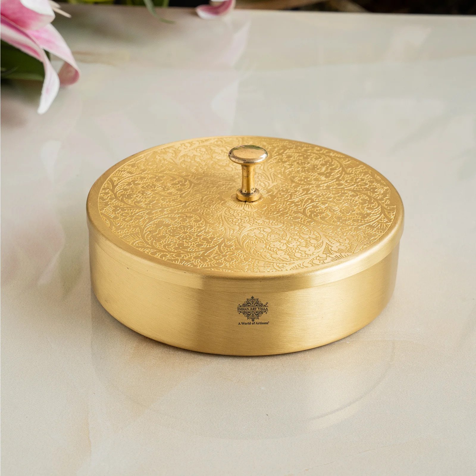 Brass Embossed Masala/ Dryfruit/ Spice Container Round for Decor and Gifting