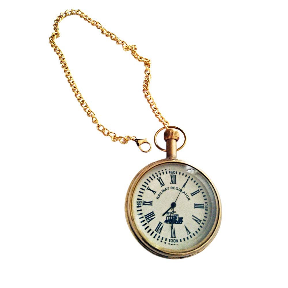 Vintage Antique Style Brass Railway Regulator Pocket Watch with Chain