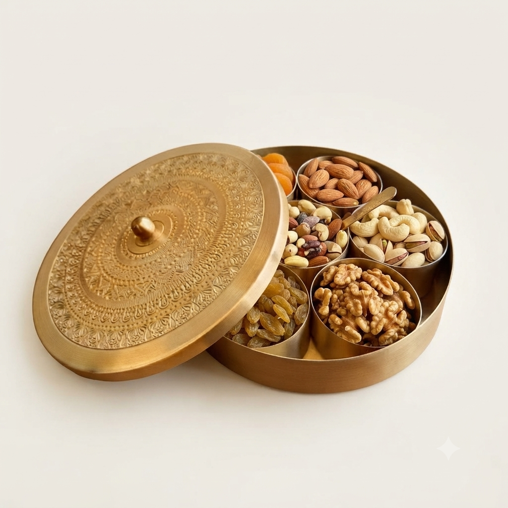 Decorative Brass Embossed Masala/ Dryfruit/ Spice Container Round for Decor and Gifting thumbnail 3