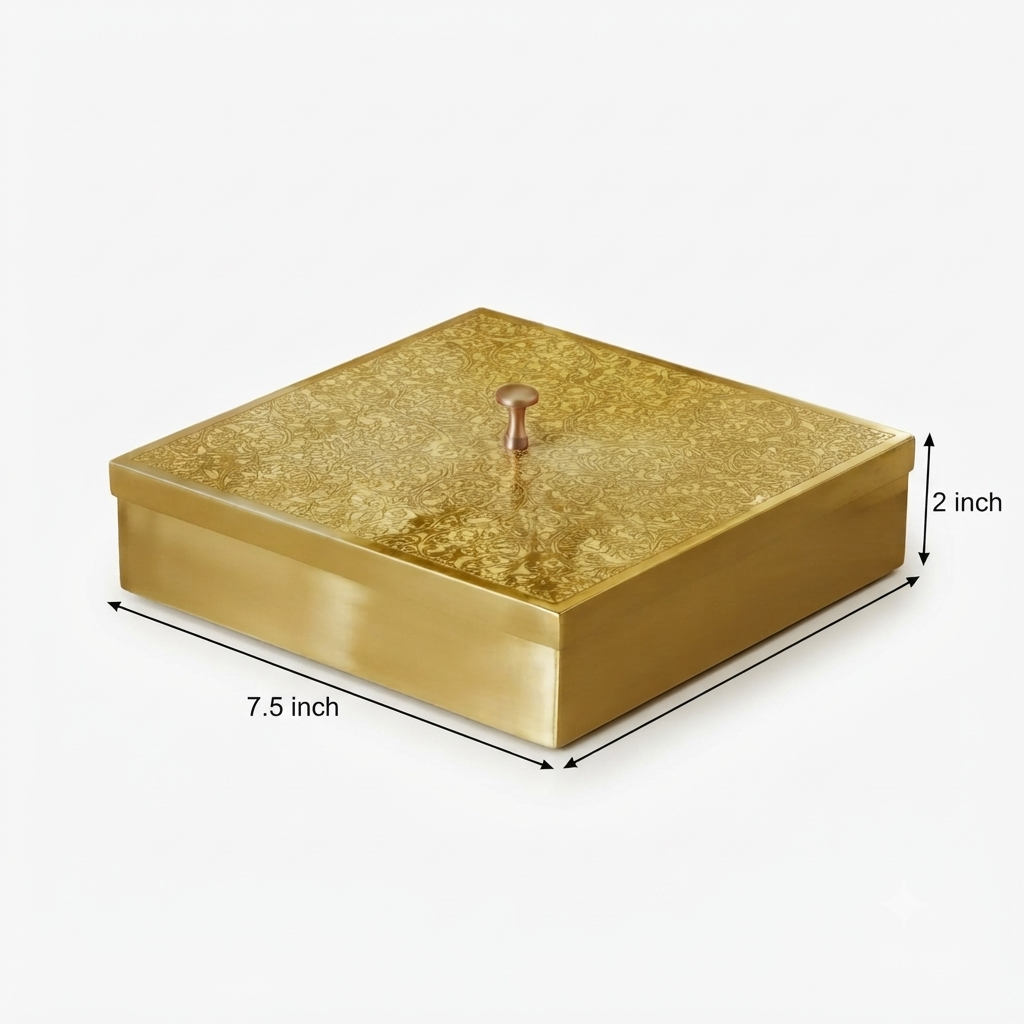 Handcrafted Square Brass Embossed Decorative Storage Box with Lid thumbnail 2