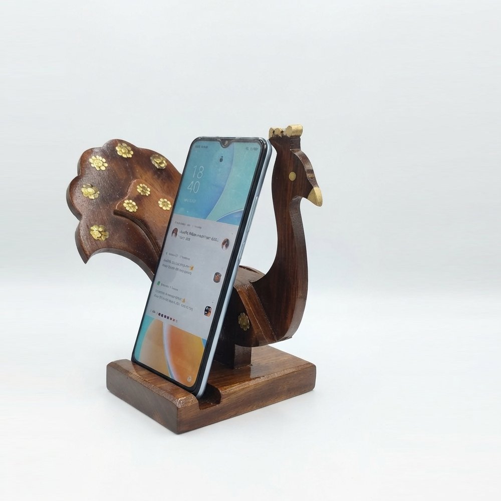 Handcrafted Wooden Peacock Showpiece with Mobile Holder