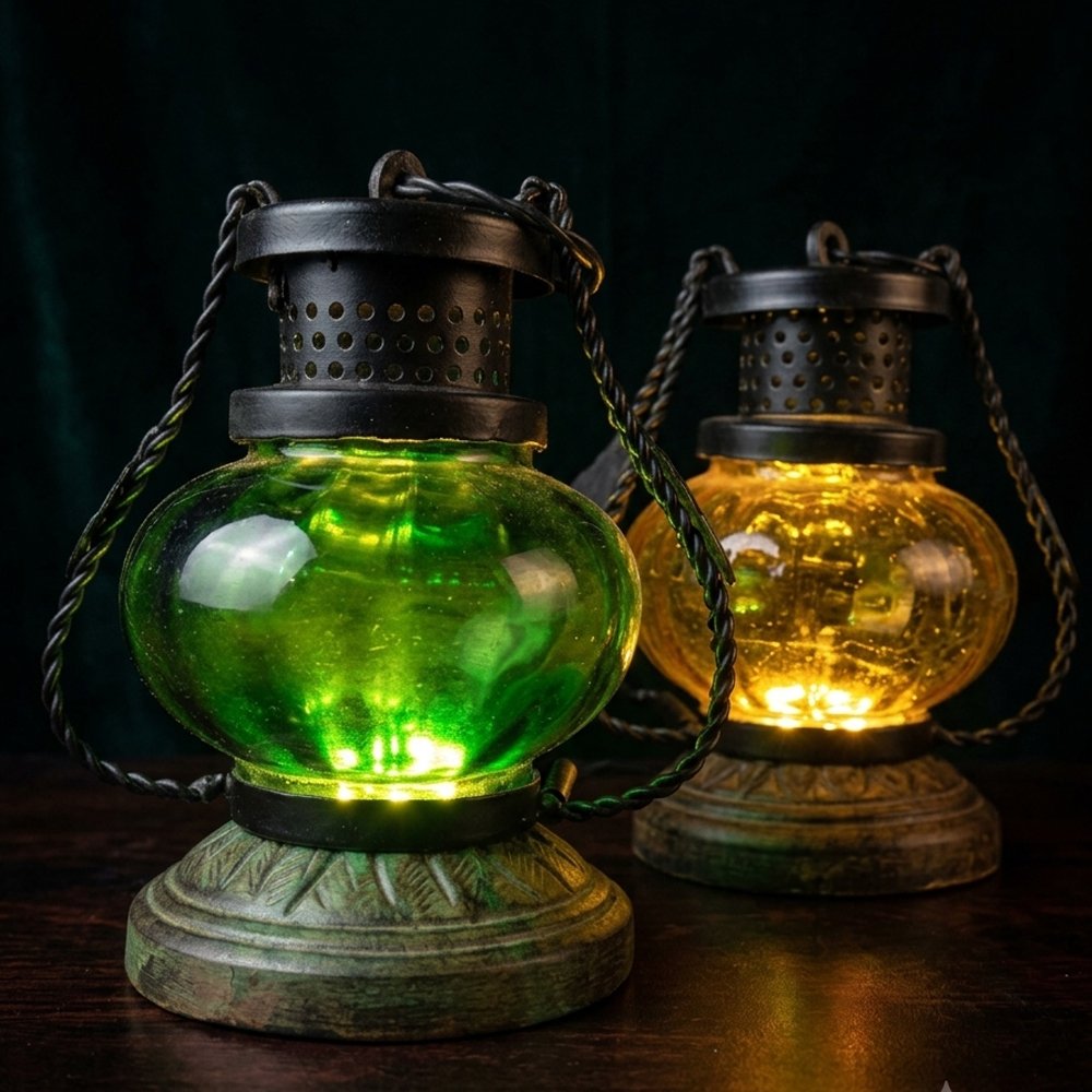 Vintage Glass Lantern Electric Lamp – Colored Ambient Mood Lighting