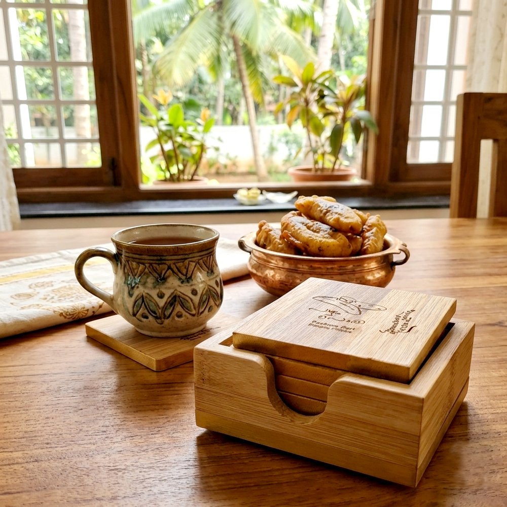 Handcrafted Bamboo Coaster Set with Holder – Authentic Kerala Snack Theme