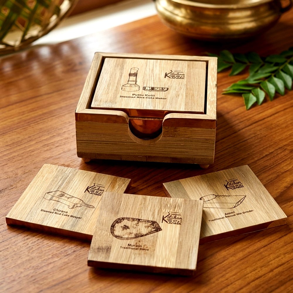 Handcrafted Bamboo Coaster Set with theme of Traditional Kerala Kitchen items thumbnail 2