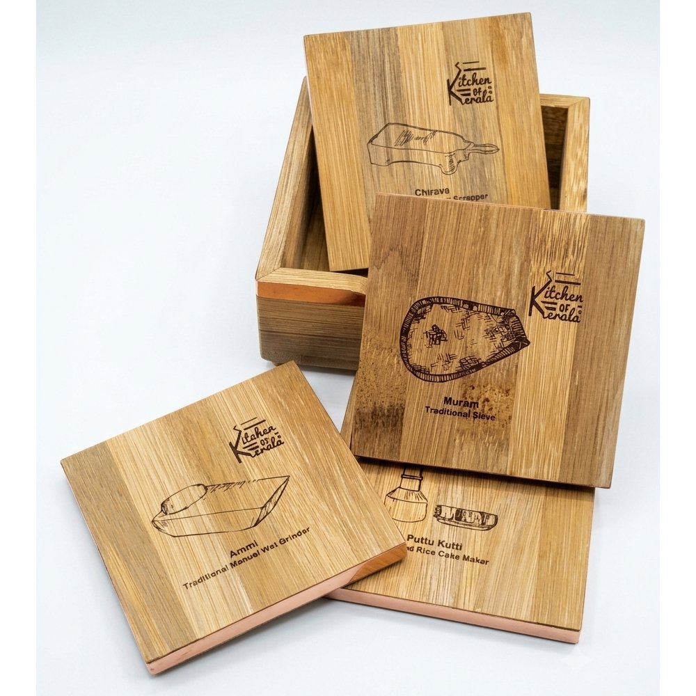 Handcrafted Bamboo Coaster Set with theme of Traditional Kerala Kitchen items thumbnail 3