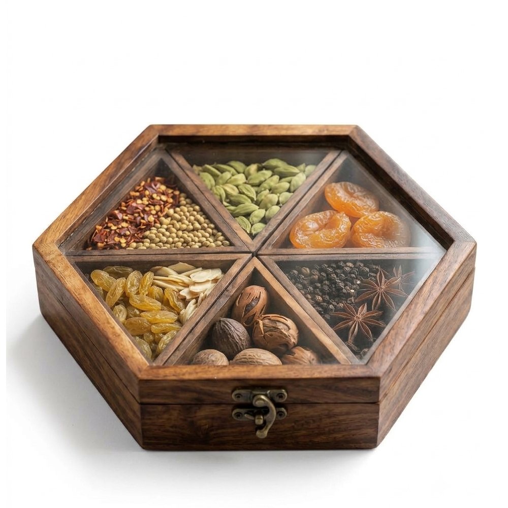 Handcrafted Wooden Hexagonal Spice Box with Glass Lid & Multiple Compartments thumbnail 2