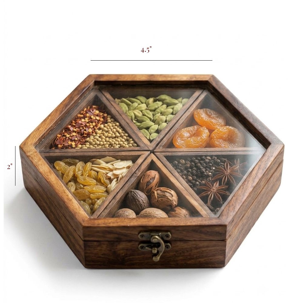 Handcrafted Wooden Hexagonal Spice Box with Glass Lid & Multiple Compartments thumbnail 3