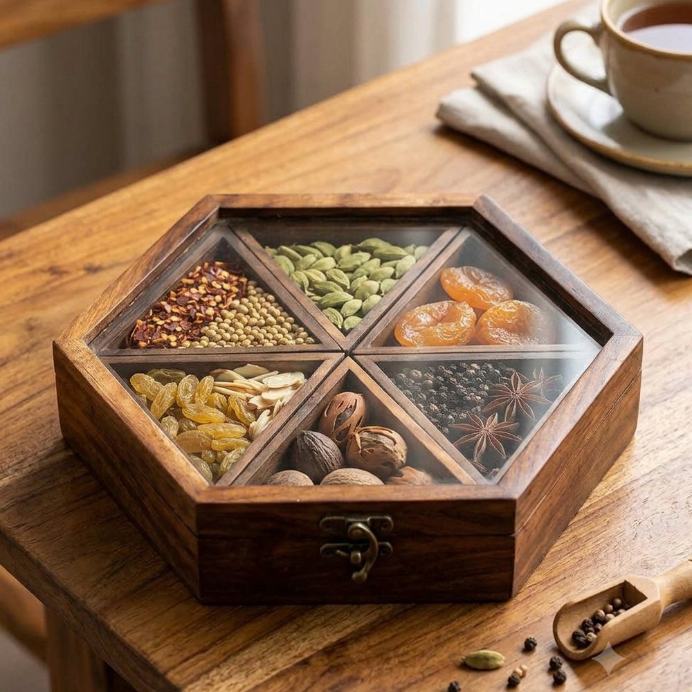Handcrafted Wooden Hexagonal Spice Box with Glass Lid & Multiple Compartments thumbnail 1