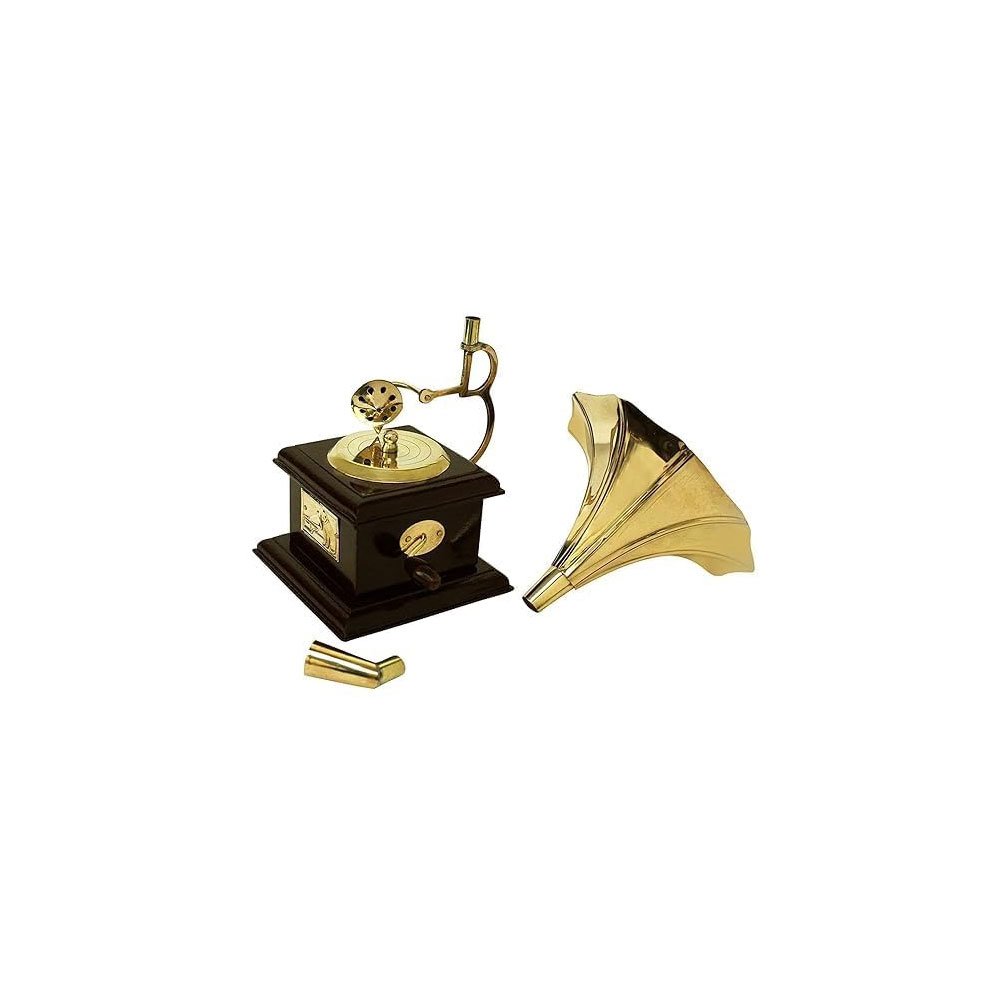 Vintage Brass Crafted Gramaphone miniature with Wooden Base for Home Decor & Gifting thumbnail 2