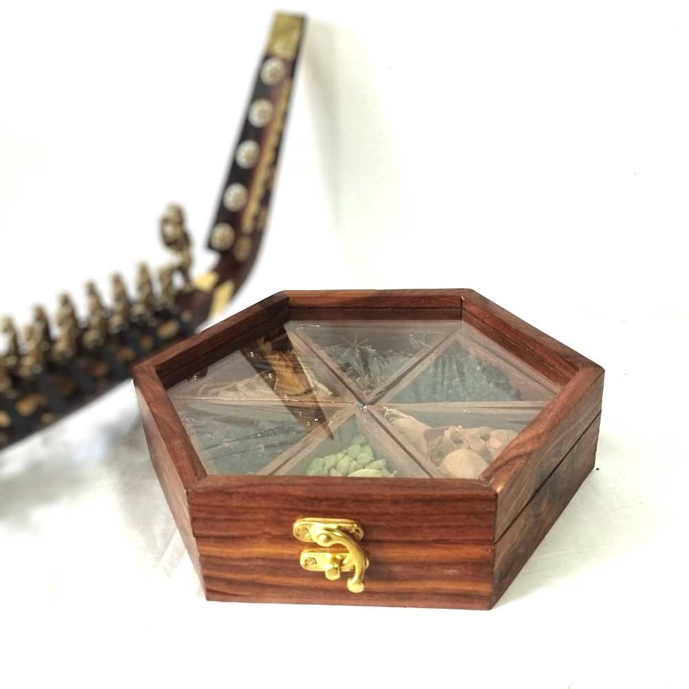 Spice Box Kerala Souvenir with 6 Original Spices Hexagon Shaped Crafted in Wood with Glass Top for Gifting thumbnail 2