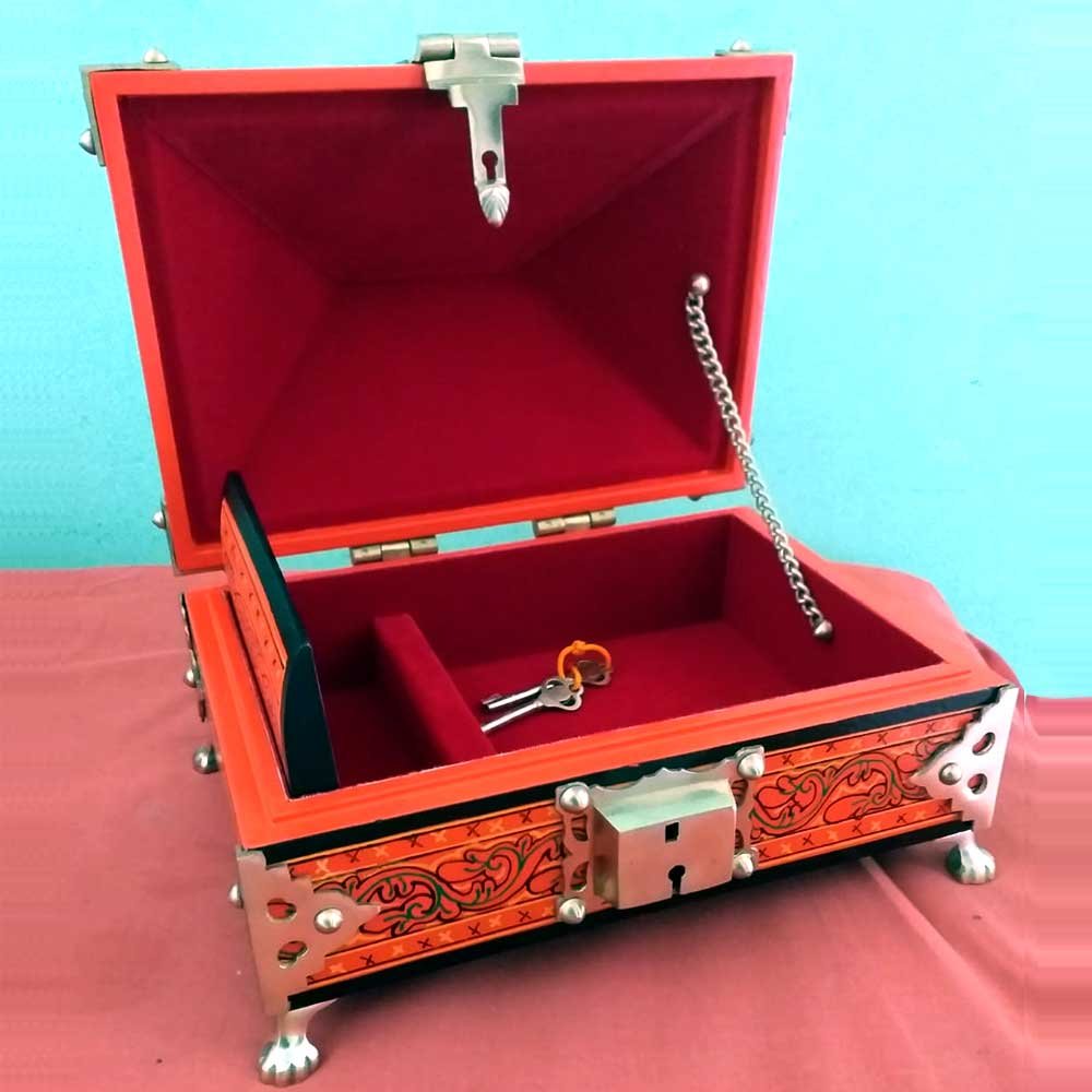 Kauthuk Mahagony Wood Crafted Mural Painted Nettur Petti Traditional Jewellery Box (Orange, 13 x 9 Inches) thumbnail 2