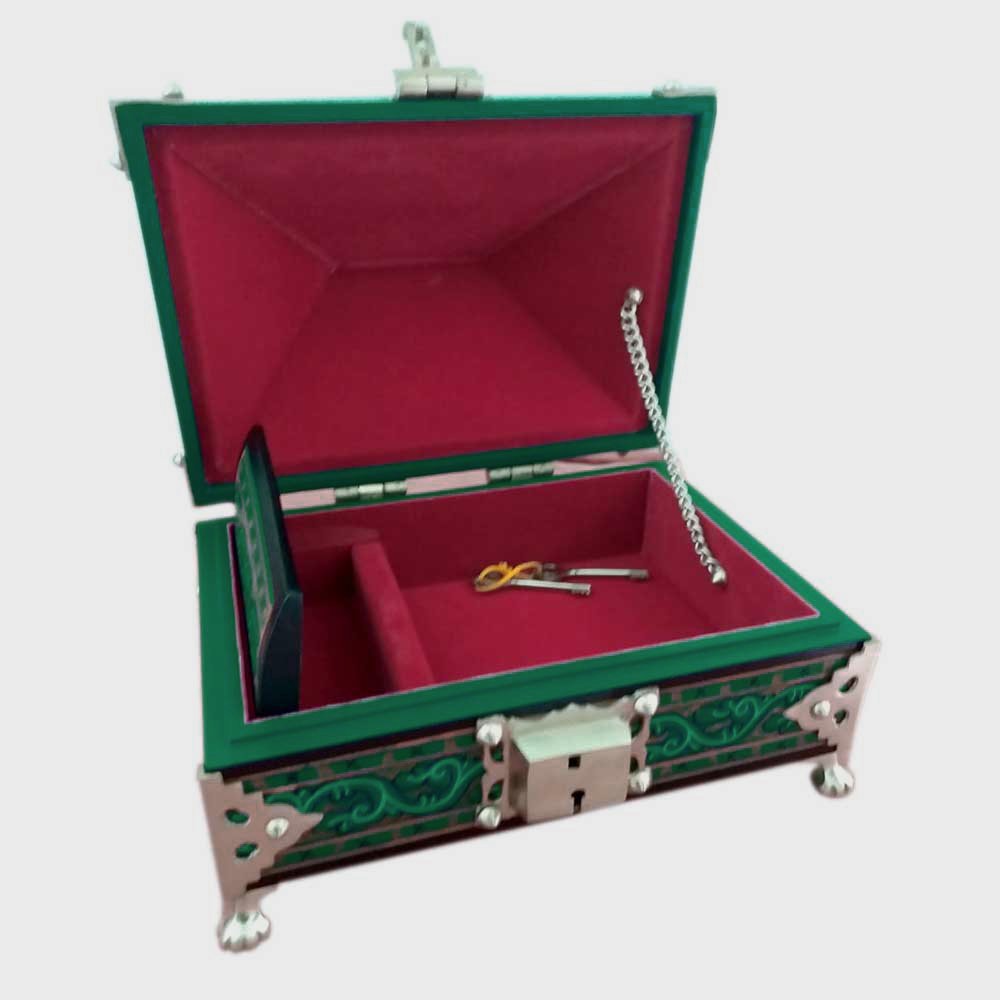 Kauthuk Mahagony Wood Crafted Mural Painted Nettur Petti Traditional Jewellery Box (Green, 13 x 9 Inches) thumbnail 2