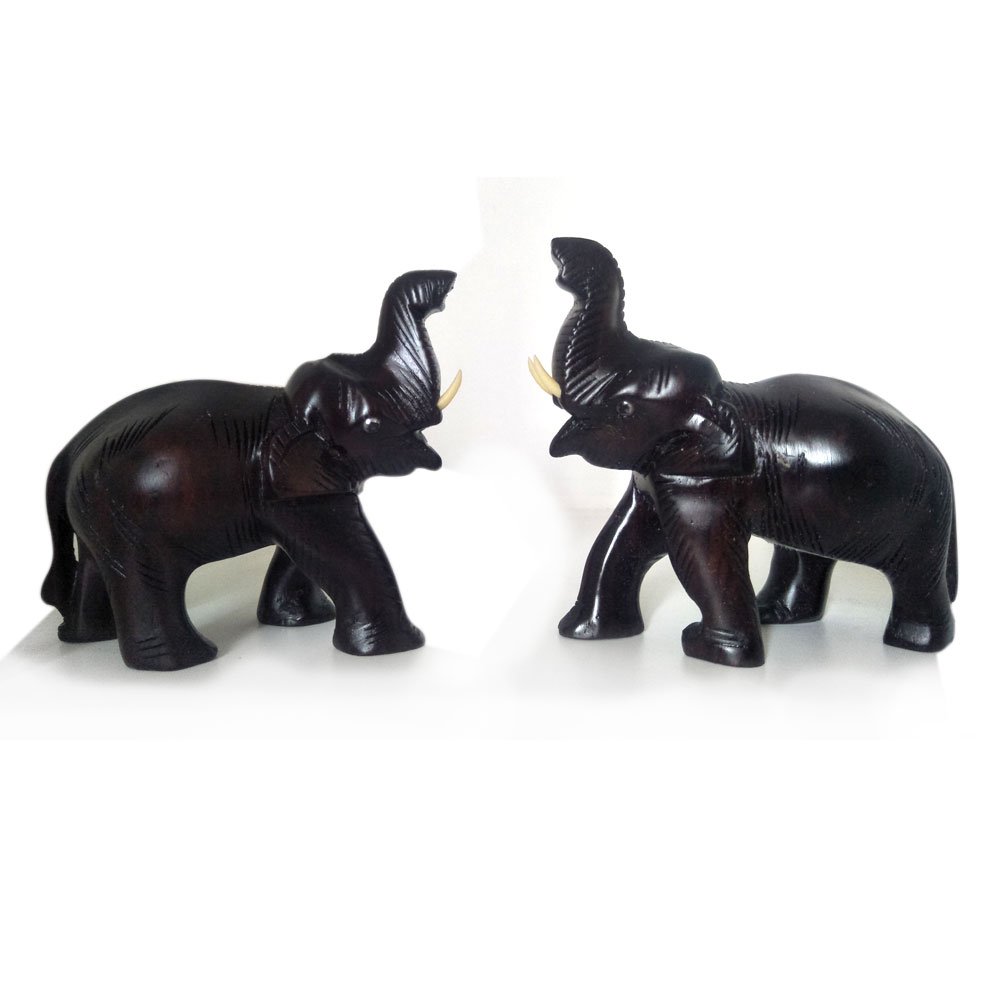 Rosewood crafted figurine of Elephant with trunk up salute posture (Set of 2) thumbnail 2