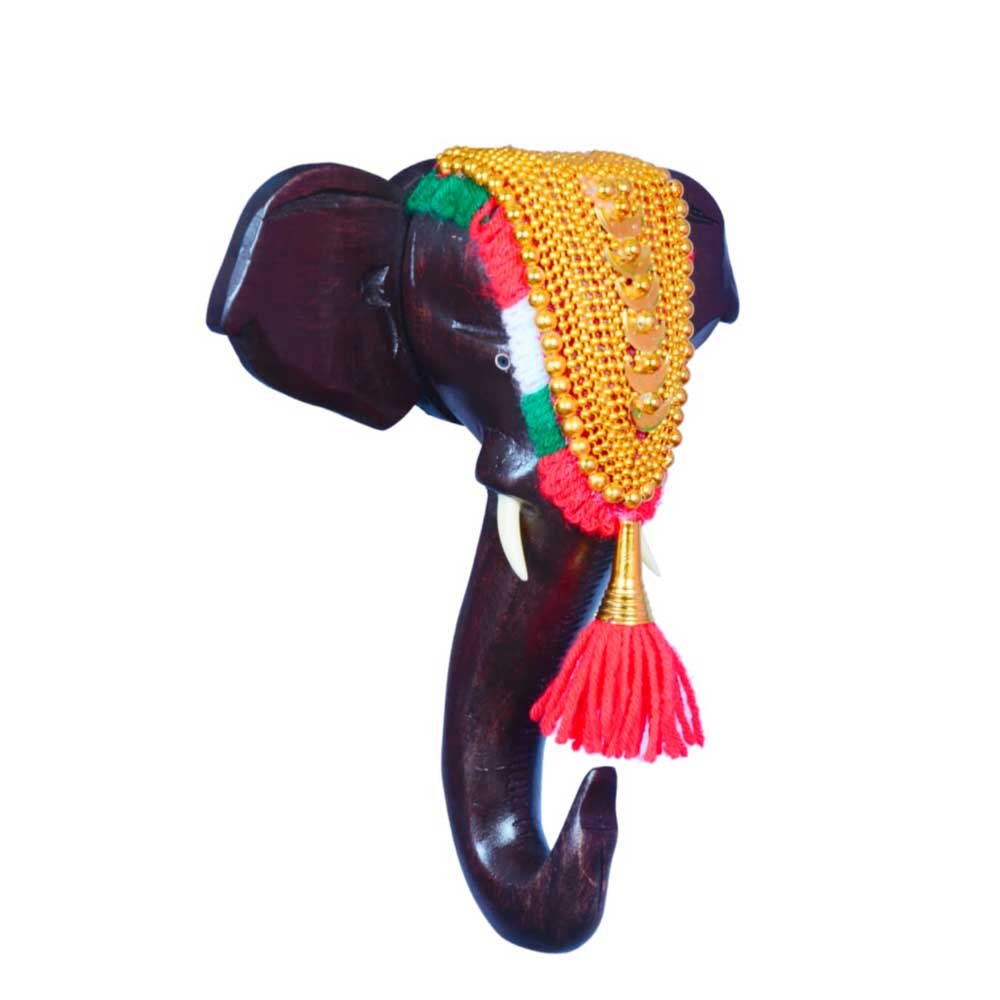 Traditional Wood Made Rosewood Finish Pooram Festival Caparisoned Elephant Head for Home Decor & Gifting