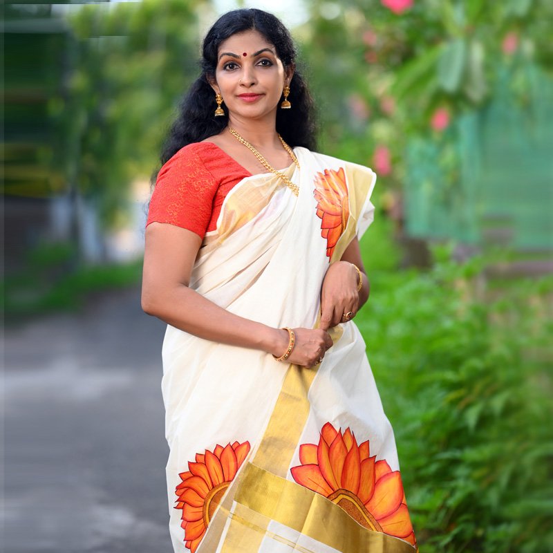 Handpainted Hand loom Designer Kasavu(Zari) Saree Occasional Wear