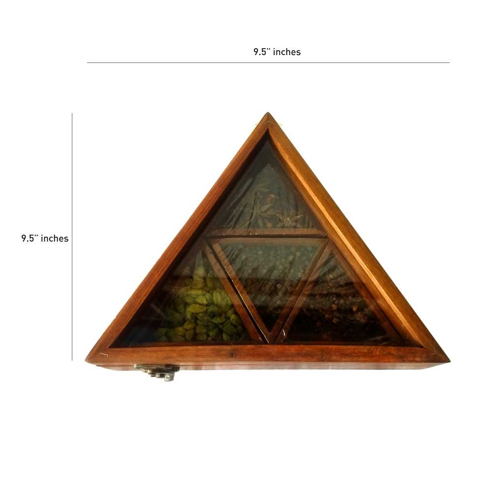 Spice Gift Box Triangular Shaped Crafted in Wood with Transparent Glass Lid with Natural Spices thumbnail 2