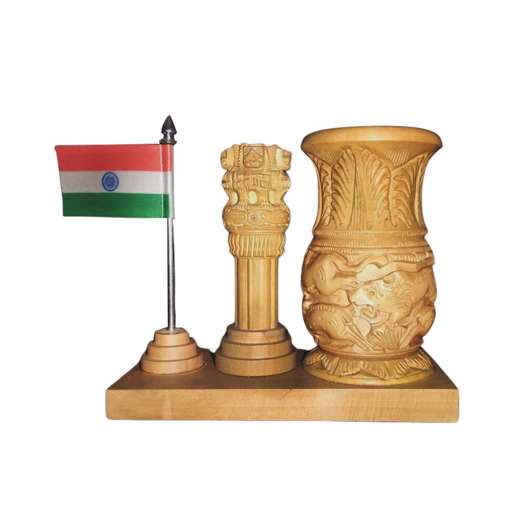 India Ashoka Pillar Tabletop Pen Holder Souvenir crafted in White Wood thumbnail 2