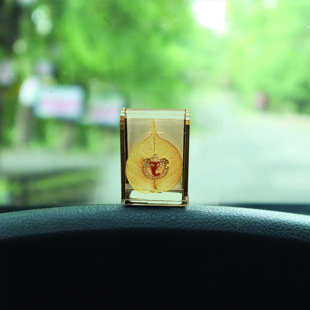 Gold Leaf Relief work of Lord Ganesha in Acrylic Box as a Car Dashboard decor or showpiece on desk/tabletop thumbnail 2