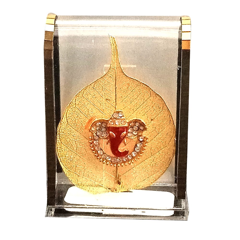 Gold Leaf Relief work of Lord Ganesha in Acrylic Box as a Car Dashboard decor or showpiece on desk/tabletop