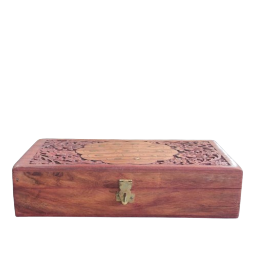 Wooden Carved Jewellery Trinket Box with Brass Inlay Design thumbnail 2