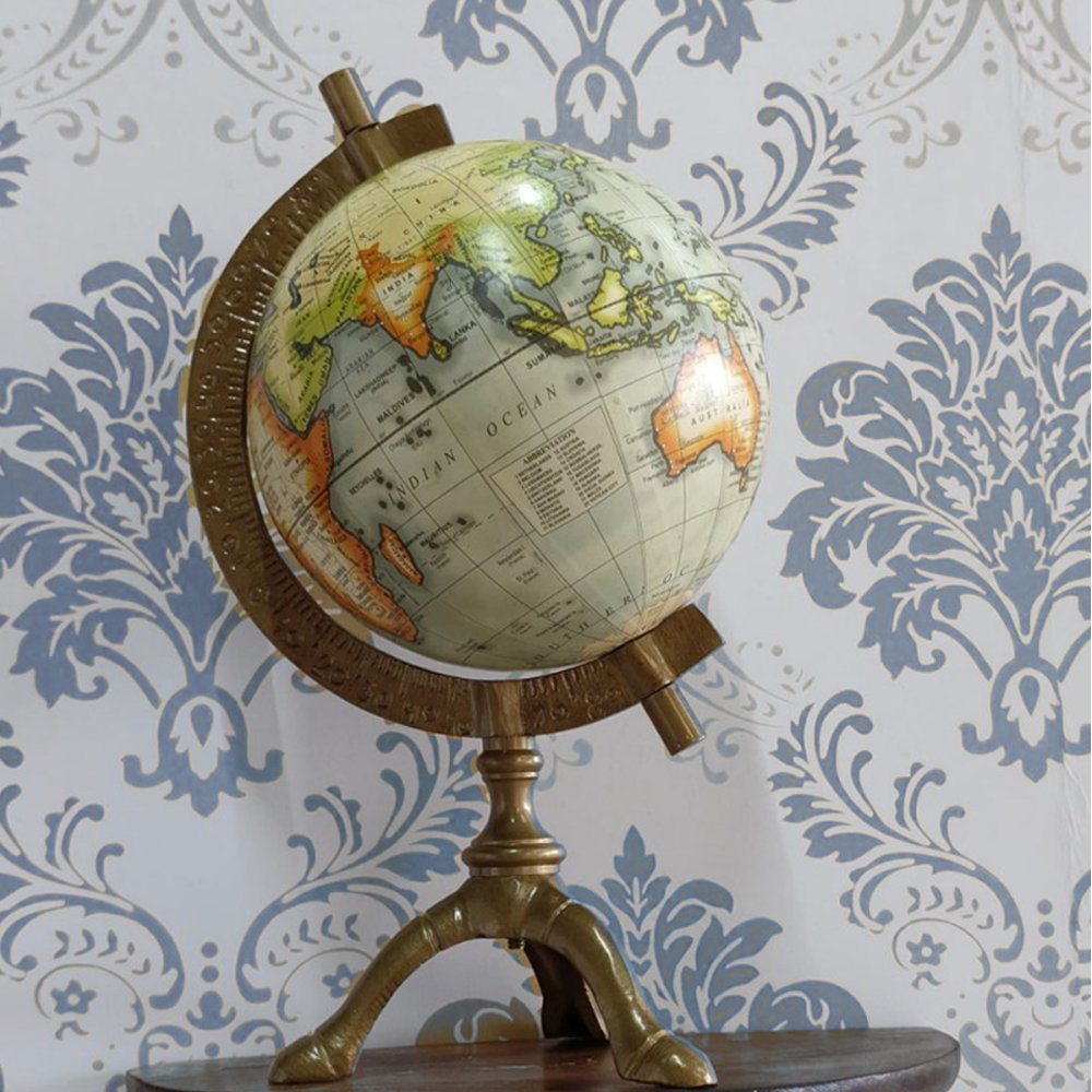 Decorative Wooden Crafted Globe in Brass Stand for Utility and Decor thumbnail 2