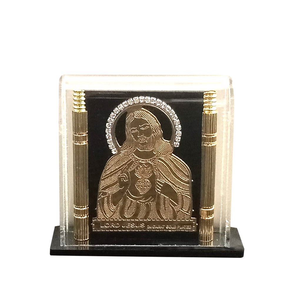 Gold Foiled Relief work of Jesus Christ in Acrylic Box as a Car Dashboard decor or showpiece on desk/tabletop