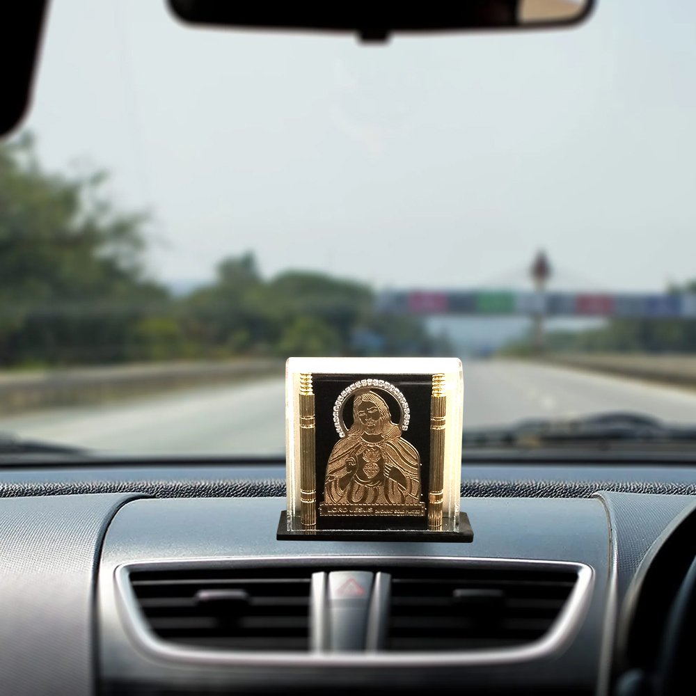 Gold Foiled Relief work of Jesus Christ in Acrylic Box as a Car Dashboard decor or showpiece on desk/tabletop thumbnail 2