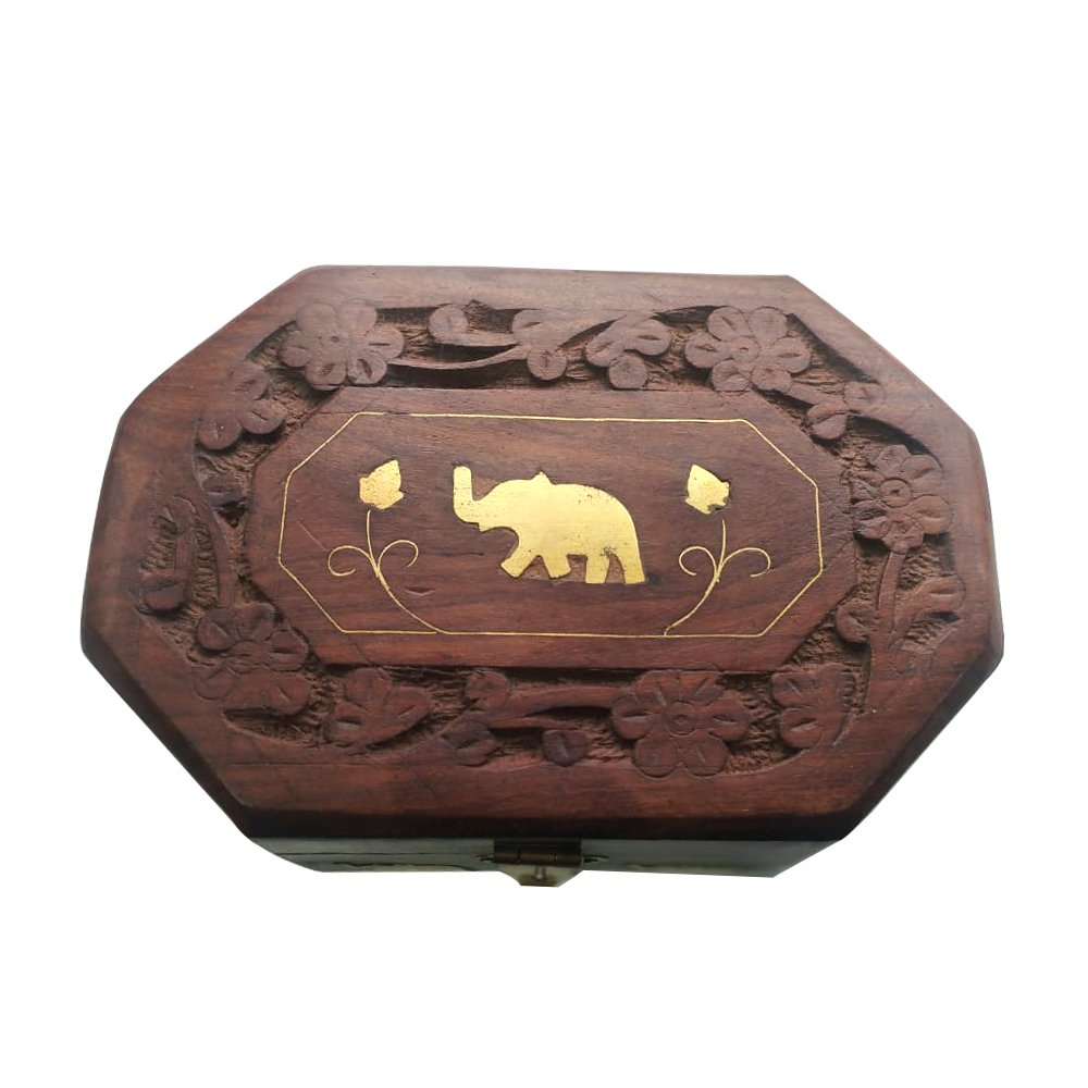 Wooden Floral Design Carved Jewellery Box in Octagonal shape with Elephant Brass inlay design for gifting and decor thumbnail 3