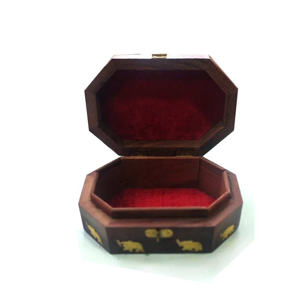 Wooden Floral Design Carved Jewellery Box in Octagonal shape with Elephant Brass inlay design for gifting and decor thumbnail 2