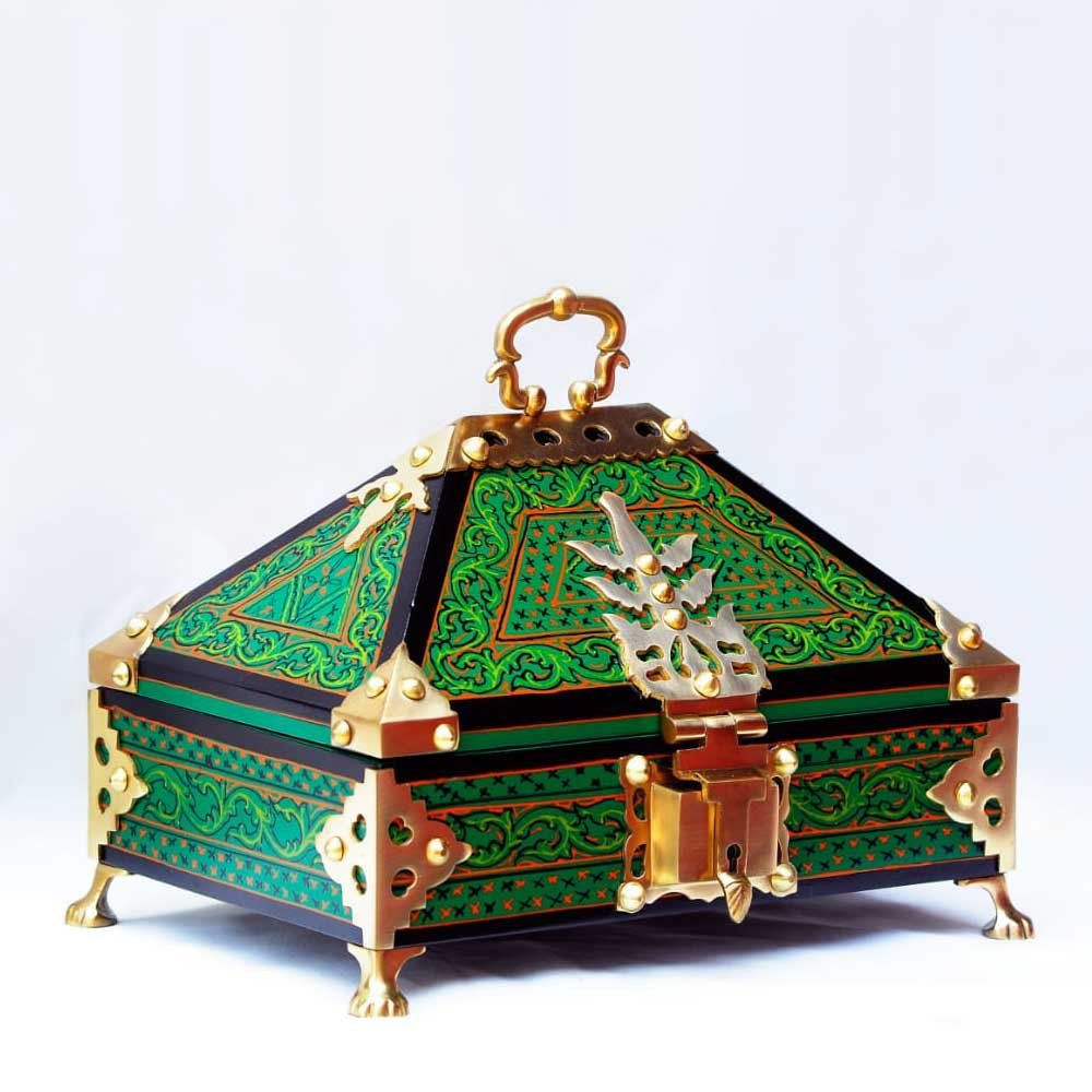 Kauthuk Mahagony Wood Crafted Mural Painted Nettur Petti Traditional Jewellery Box (Green, 13 x 9 Inches)