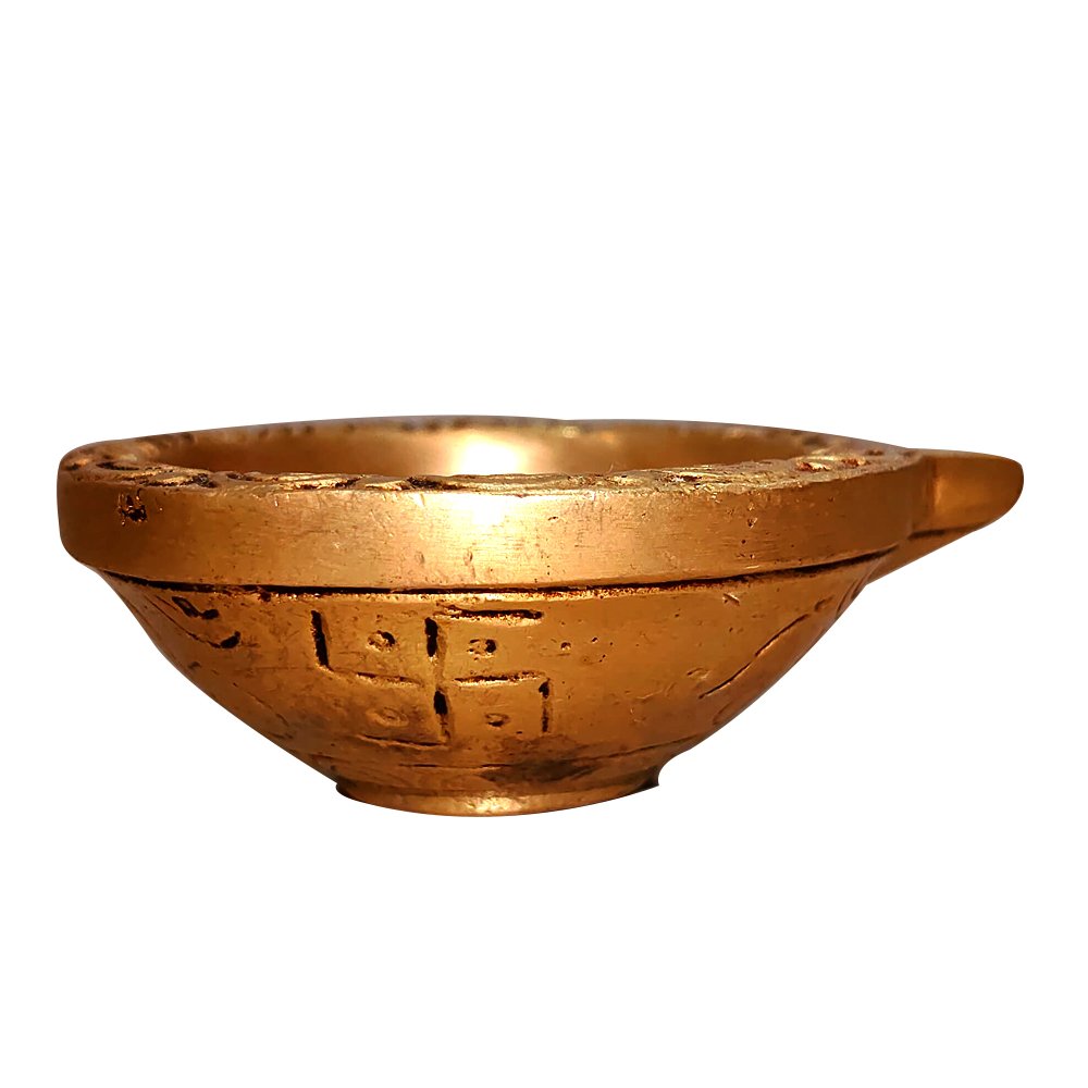 Brass Metal Crafted Round Decorative Diya of 3" size for Home Decor and Puja room thumbnail 2