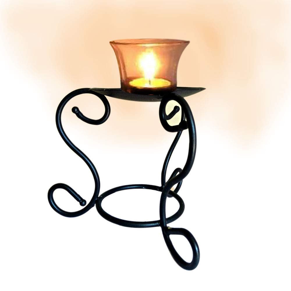 Decorative Wrought Iron Candle Stand with Glass Holder Tabletop for Home Decor (Black) thumbnail 2