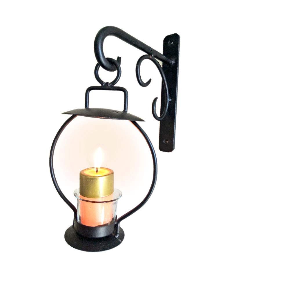 Decorative Wall Mount Lantern Design Wrought Iron Candle Stand with Glass Holder for Home Decor (Black) thumbnail 2