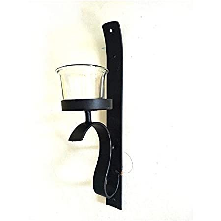Kauthuk Decorative Slim Wall Mount Wrought Iron Candle Stand with Glass Holder for Home Decor (Black)